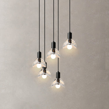 A cluster of glass chandeliers with a matte black finish and metal supports, featuring LED lights.